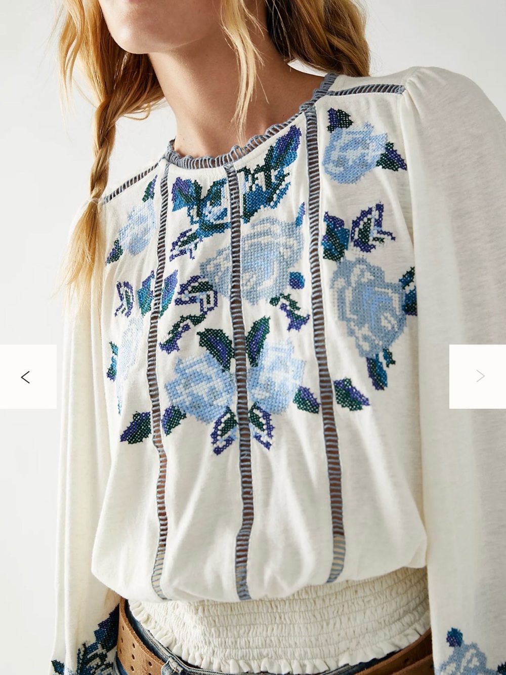 Free People Felicity Top - Cream Tunic with Blue Floral Cross Stitch Embroidery